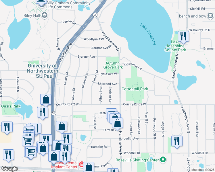map of restaurants, bars, coffee shops, grocery stores, and more near 2943 Sheldon Street in Roseville