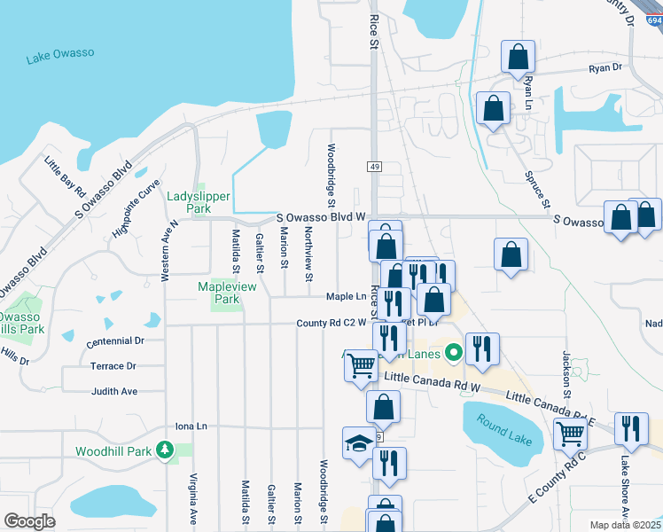 map of restaurants, bars, coffee shops, grocery stores, and more near 2941 Woodbridge Street in Roseville