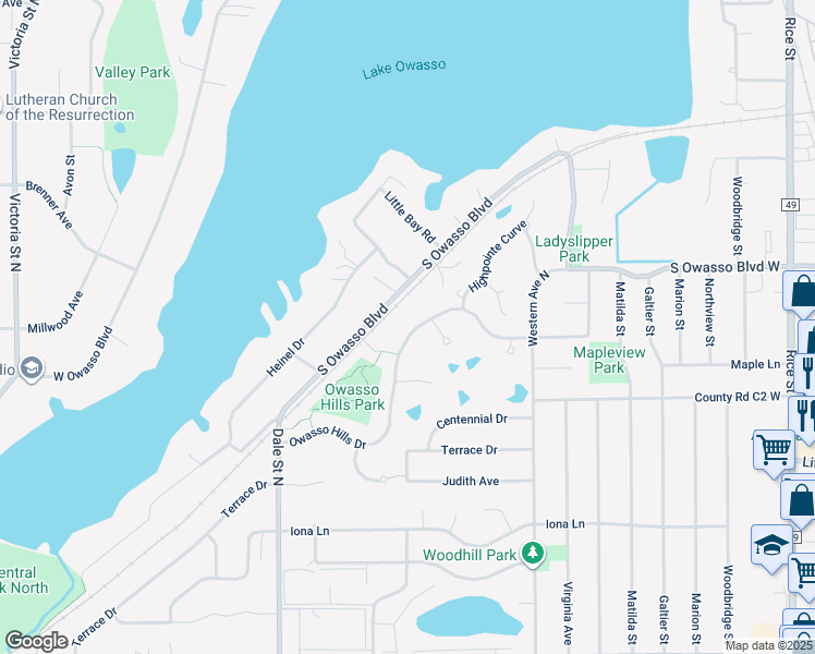 map of restaurants, bars, coffee shops, grocery stores, and more near 487 Owasso Hills Drive in Roseville