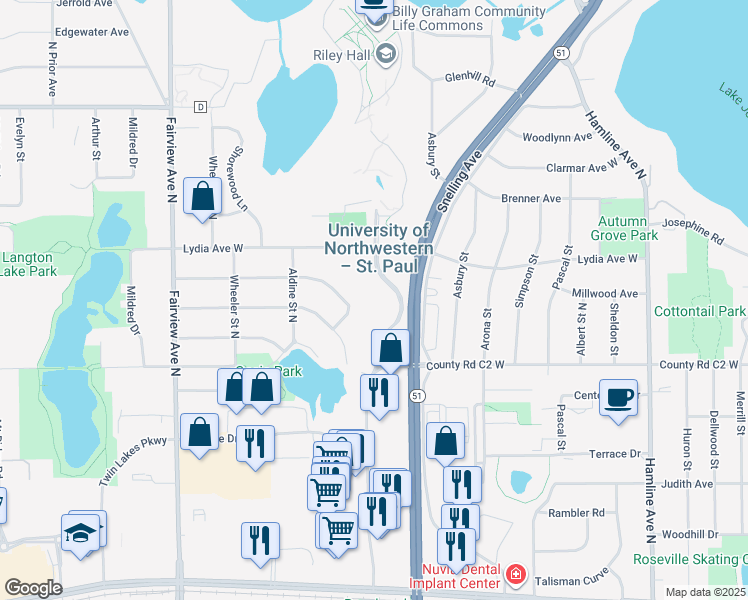 map of restaurants, bars, coffee shops, grocery stores, and more near 1647 Stanbridge Avenue in Roseville