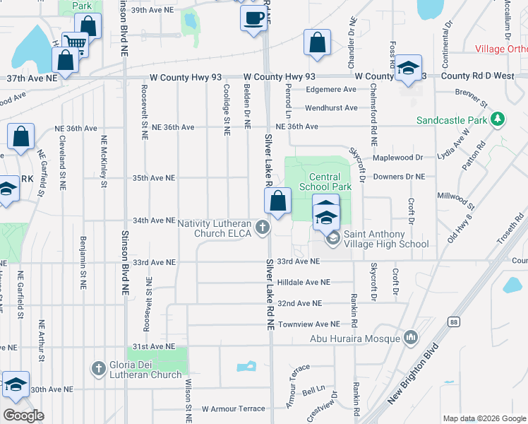map of restaurants, bars, coffee shops, grocery stores, and more near 3405 Belden Drive Northeast in Minneapolis