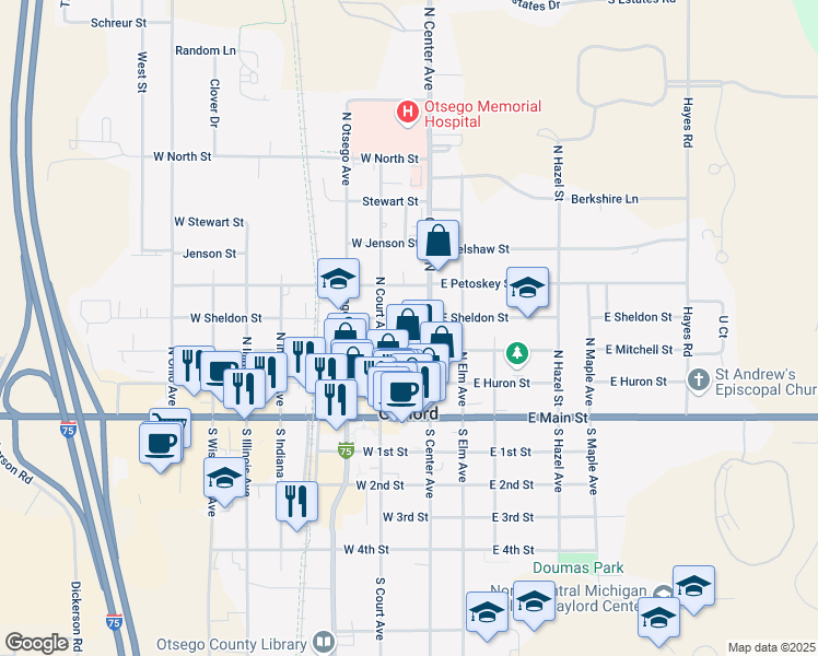 map of restaurants, bars, coffee shops, grocery stores, and more near 141 West Sheldon Street in Gaylord
