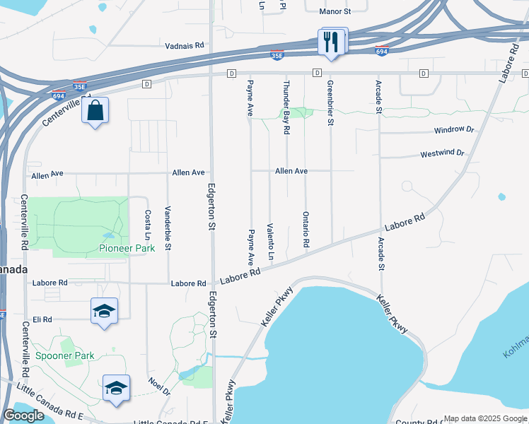 map of restaurants, bars, coffee shops, grocery stores, and more near 2947 Valento Lane in Little Canada