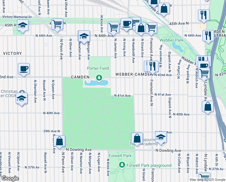map of restaurants, bars, coffee shops, grocery stores, and more near 4115 North James Avenue in Minneapolis