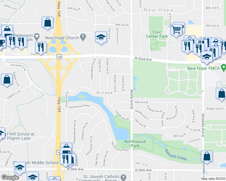 map of restaurants, bars, coffee shops, grocery stores, and more near 4051 Decatur Avenue North in Minneapolis