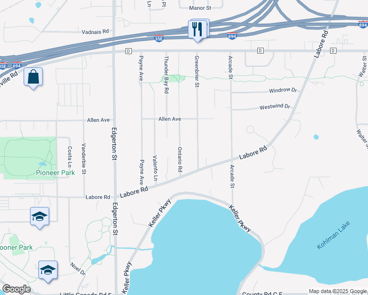 map of restaurants, bars, coffee shops, grocery stores, and more near 2948 Ontario Road in Little Canada