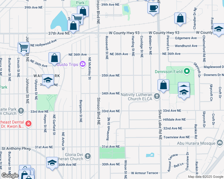 map of restaurants, bars, coffee shops, grocery stores, and more near 3405 Northeast Roosevelt Street in Minneapolis