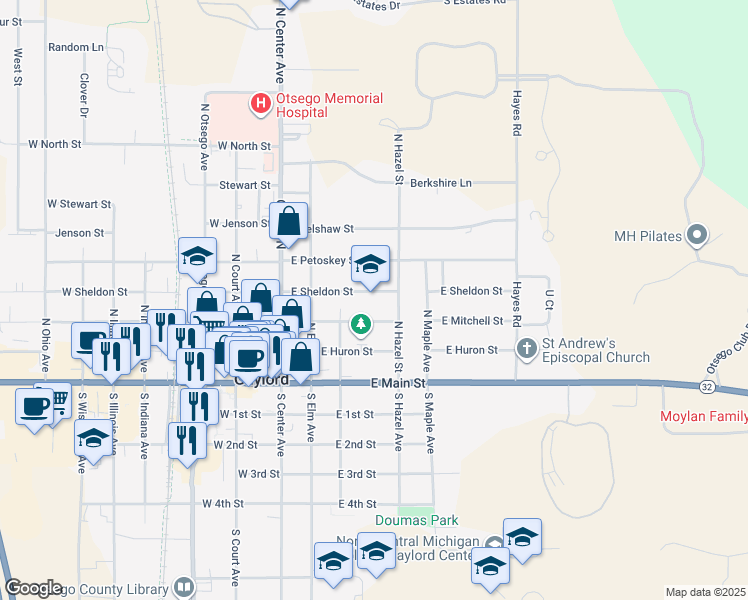 map of restaurants, bars, coffee shops, grocery stores, and more near 326 East Sheldon Street in Gaylord