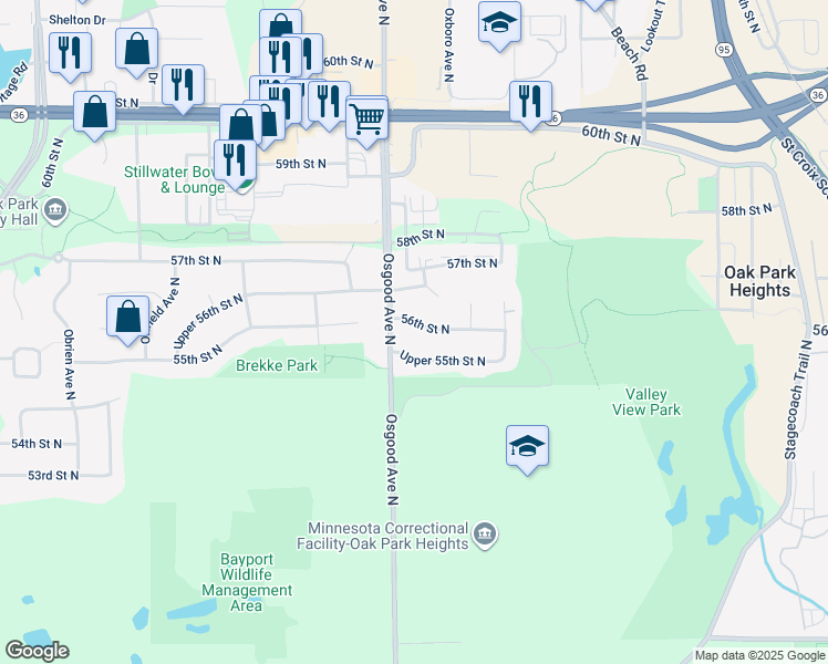 map of restaurants, bars, coffee shops, grocery stores, and more near 14801 56th Street North in Stillwater