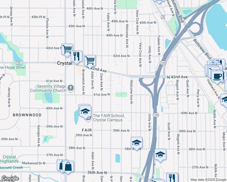 map of restaurants, bars, coffee shops, grocery stores, and more near 4111 Yates Avenue North in Minneapolis