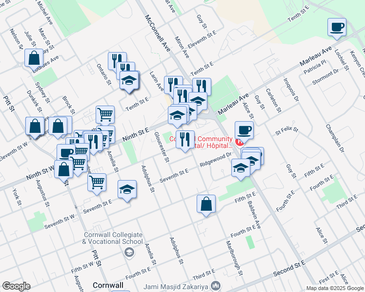 map of restaurants, bars, coffee shops, grocery stores, and more near 452 Eighth Street East in Cornwall