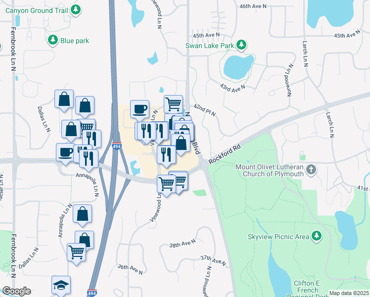 map of restaurants, bars, coffee shops, grocery stores, and more near 4190 Vinewood Lane North in Plymouth