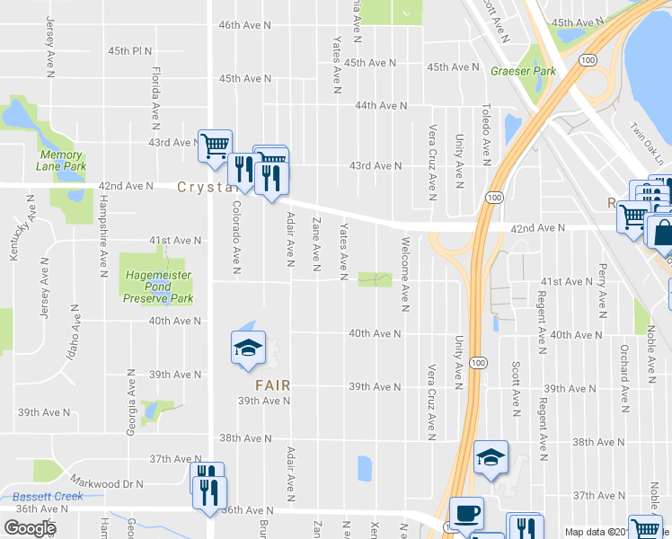 map of restaurants, bars, coffee shops, grocery stores, and more near 4111 Yates Ave N in Minneapolis