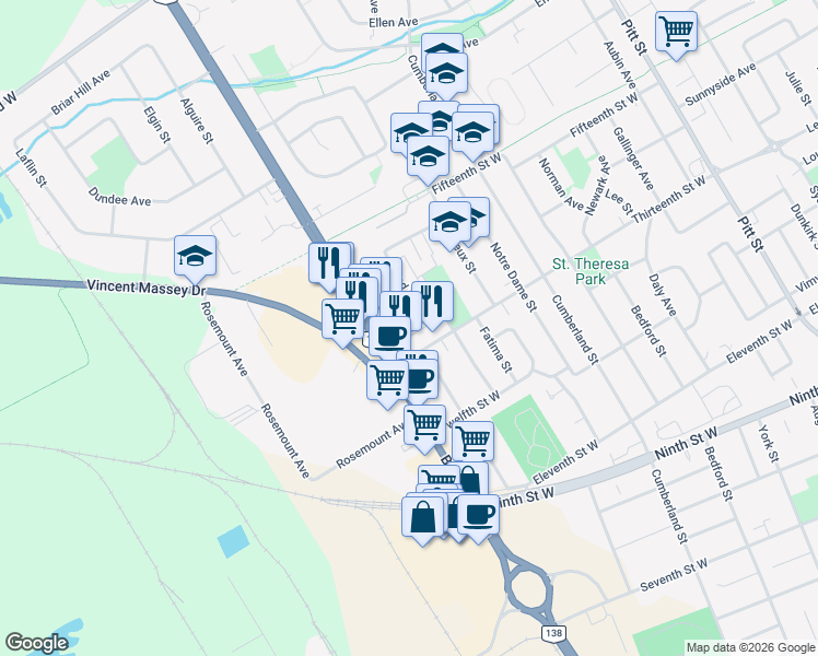 map of restaurants, bars, coffee shops, grocery stores, and more near 542 Henry Street in Cornwall