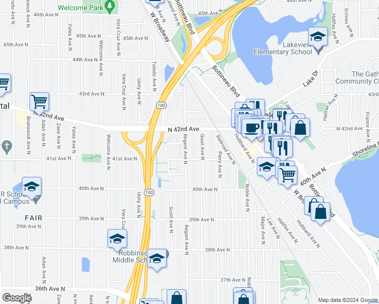 map of restaurants, bars, coffee shops, grocery stores, and more near 4108 Regent Avenue North in Minneapolis