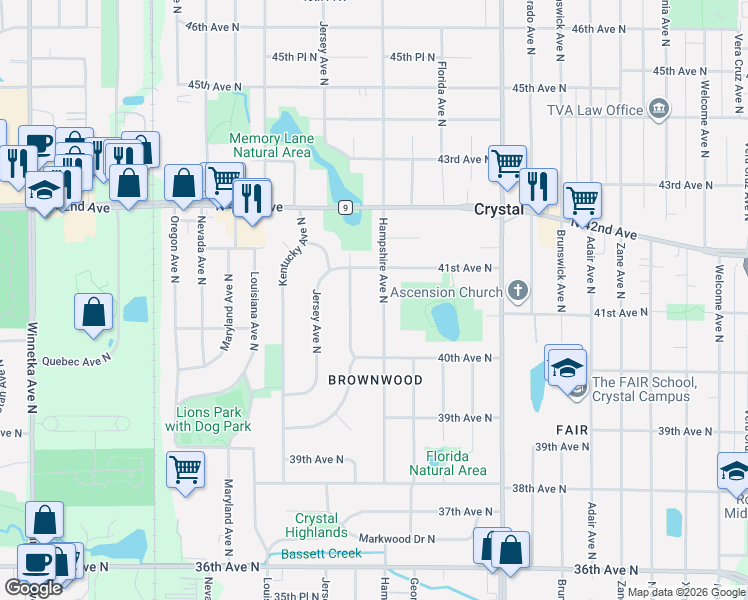 map of restaurants, bars, coffee shops, grocery stores, and more near 4056 Idaho Avenue North in Minneapolis