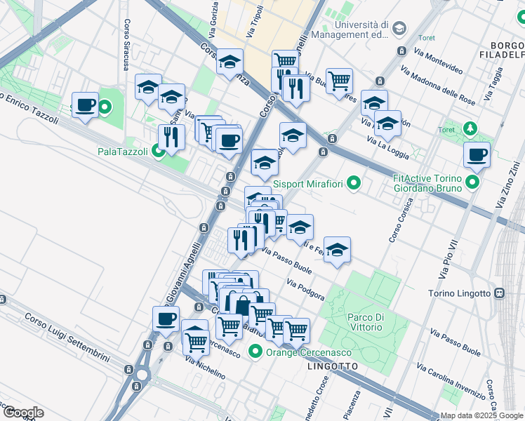 map of restaurants, bars, coffee shops, grocery stores, and more near 2a Corso Enrico Tazzoli in Torino