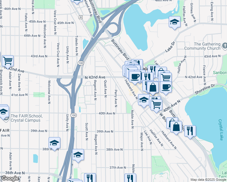 map of restaurants, bars, coffee shops, grocery stores, and more near 4111 Perry Avenue North in Minneapolis