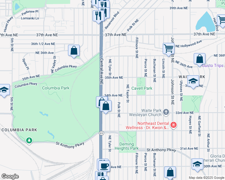 map of restaurants, bars, coffee shops, grocery stores, and more near 3419 Northeast Tyler Street in Minneapolis