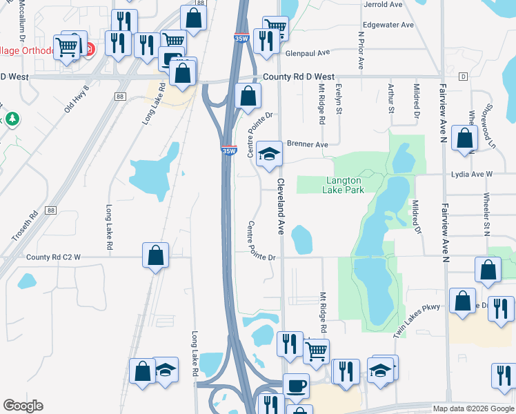 map of restaurants, bars, coffee shops, grocery stores, and more near 2969 Centre Pointe Drive in Saint Paul