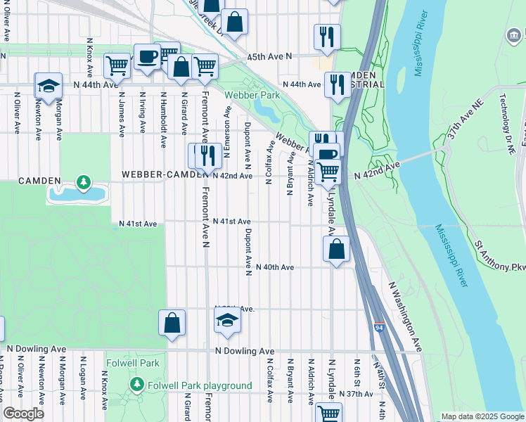 map of restaurants, bars, coffee shops, grocery stores, and more near 4105 North Colfax Avenue in Minneapolis