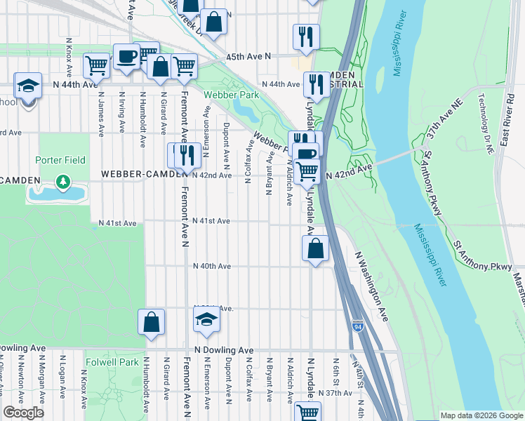map of restaurants, bars, coffee shops, grocery stores, and more near 4111 North Bryant Avenue in Minneapolis