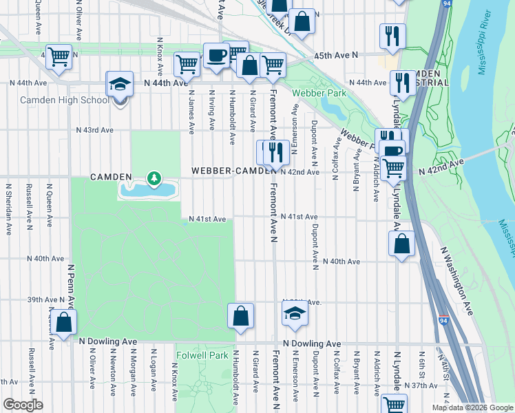 map of restaurants, bars, coffee shops, grocery stores, and more near 4108 North Girard Avenue in Minneapolis