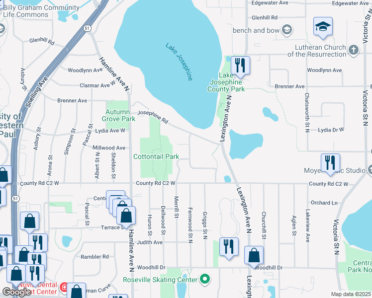 map of restaurants, bars, coffee shops, grocery stores, and more near 2950 Fernwood Street North in Roseville