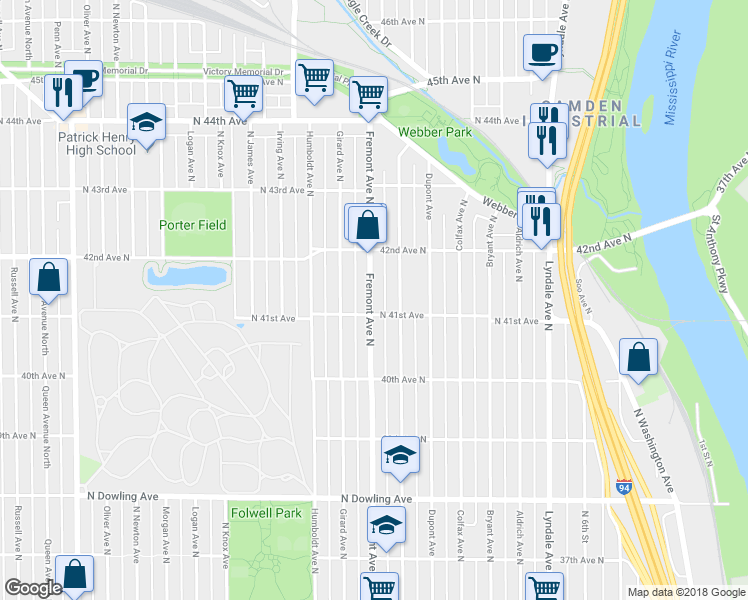 map of restaurants, bars, coffee shops, grocery stores, and more near 4110 N Fremont Ave in Minneapolis