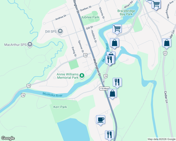 map of restaurants, bars, coffee shops, grocery stores, and more near Kent Crescent in Bracebridge