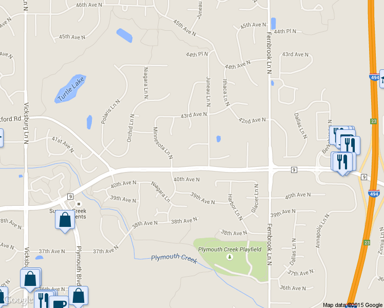 map of restaurants, bars, coffee shops, grocery stores, and more near 14815 41st Ave N in Plymouth