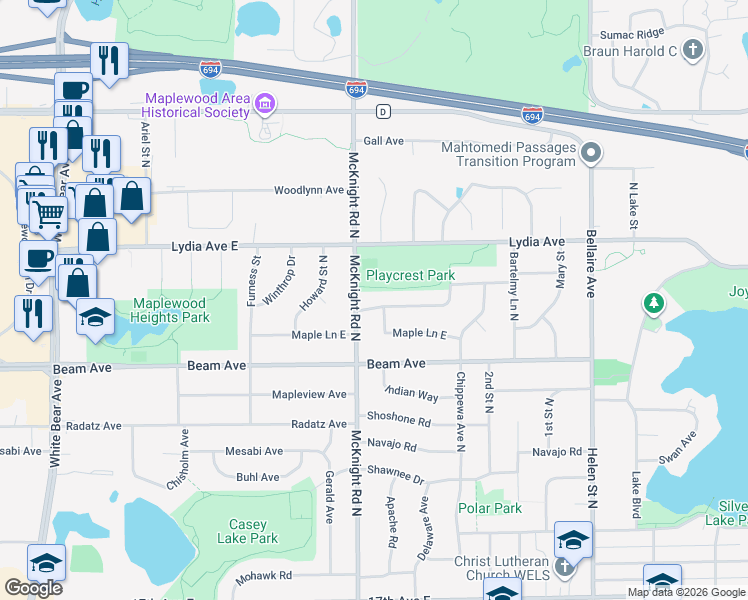 map of restaurants, bars, coffee shops, grocery stores, and more near 2293 Standridge Avenue East in Saint Paul