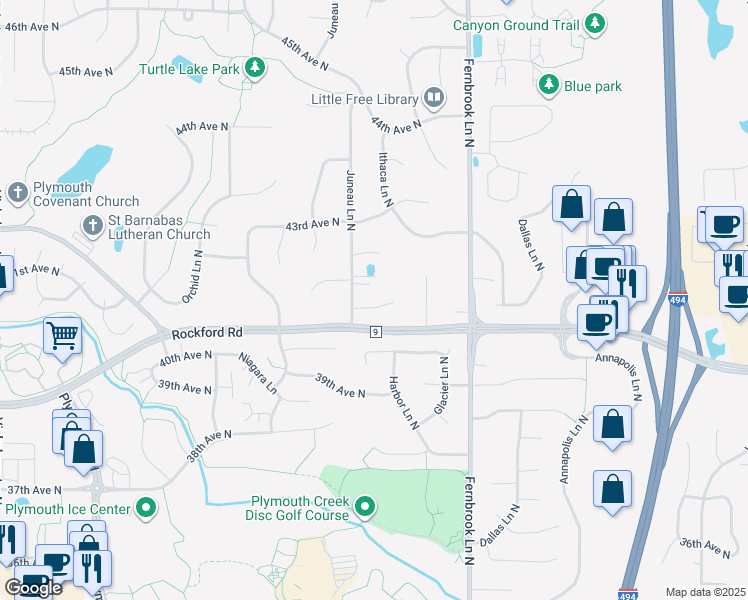 map of restaurants, bars, coffee shops, grocery stores, and more near 14565 41st Avenue North in Minneapolis