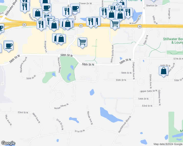 map of restaurants, bars, coffee shops, grocery stores, and more near 5610 Norwich Parkway in Stillwater