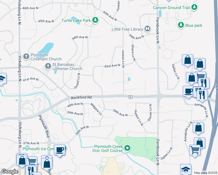 map of restaurants, bars, coffee shops, grocery stores, and more near 14815 41st Avenue North in Plymouth