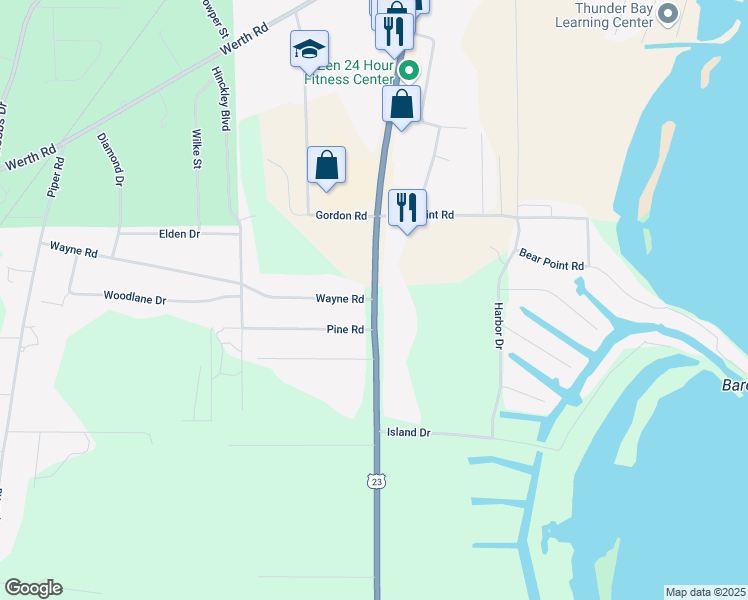 map of restaurants, bars, coffee shops, grocery stores, and more near 1001 Wayne Road in Alpena