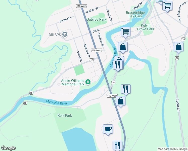 map of restaurants, bars, coffee shops, grocery stores, and more near 5 Kent Crescent in Bracebridge