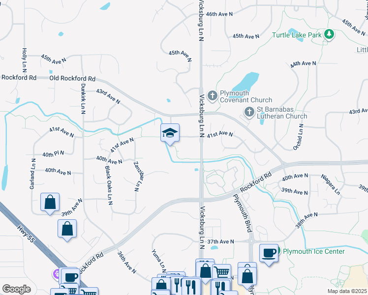 map of restaurants, bars, coffee shops, grocery stores, and more near 16005 41st Avenue North in Minneapolis