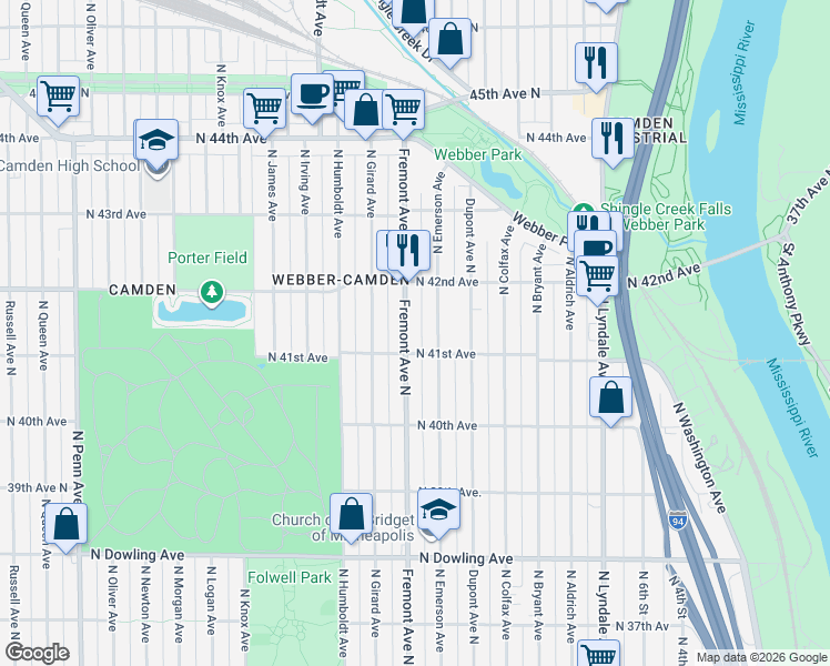 map of restaurants, bars, coffee shops, grocery stores, and more near 4110 North Fremont Avenue in Minneapolis