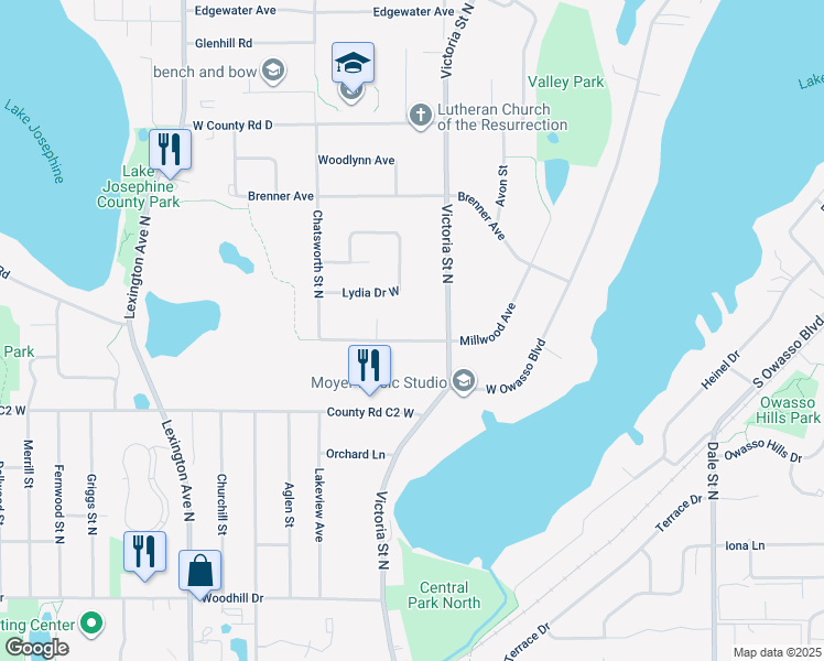 map of restaurants, bars, coffee shops, grocery stores, and more near 899 Millwood Avenue in Roseville