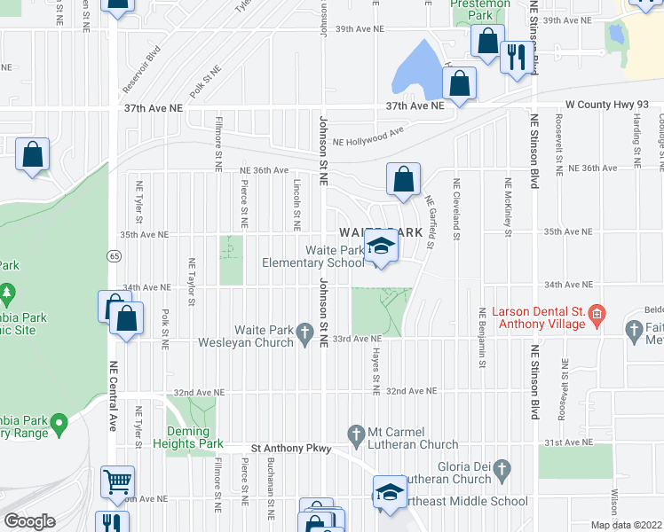 map of restaurants, bars, coffee shops, grocery stores, and more near 3423 Johnson Street Northeast in Minneapolis