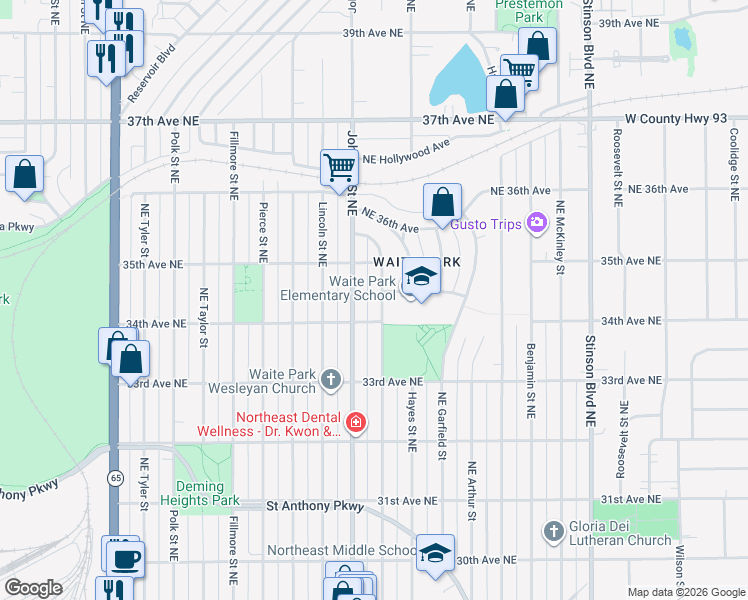 map of restaurants, bars, coffee shops, grocery stores, and more near 17 Ulysses Street Northeast in Minneapolis