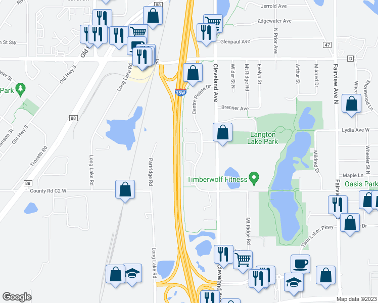 map of restaurants, bars, coffee shops, grocery stores, and more near 2955 Centre Pointe Drive in Roseville