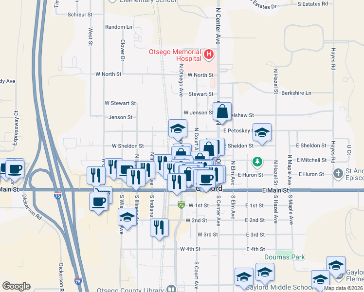 map of restaurants, bars, coffee shops, grocery stores, and more near 218 West Sheldon Street in Gaylord