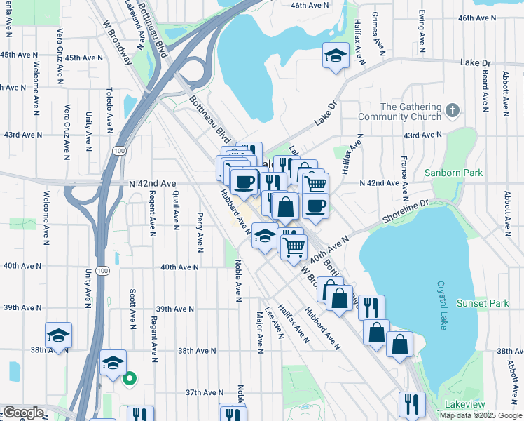 map of restaurants, bars, coffee shops, grocery stores, and more near 4100 West Broadway Avenue in Robbinsdale
