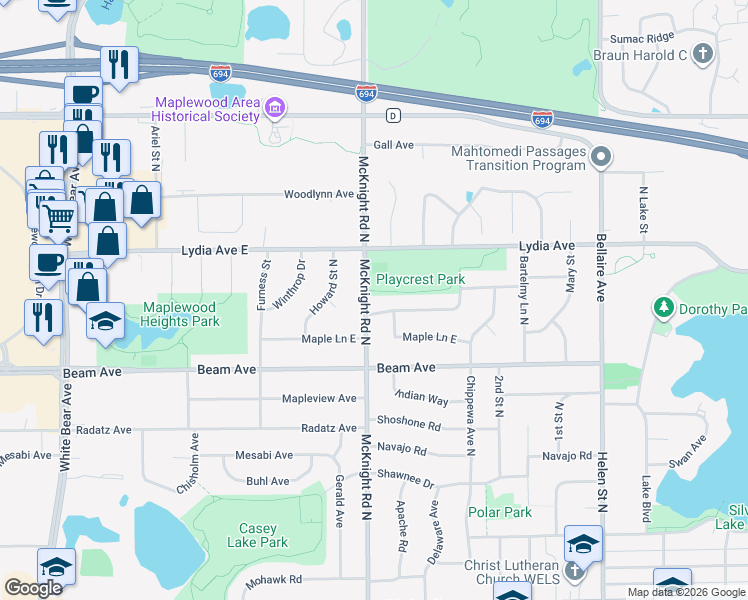 map of restaurants, bars, coffee shops, grocery stores, and more near 2293 Standridge Avenue East in Saint Paul