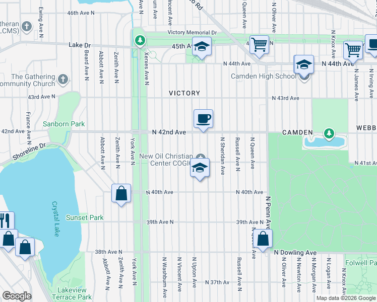 map of restaurants, bars, coffee shops, grocery stores, and more near 4115 North Upton Avenue in Minneapolis