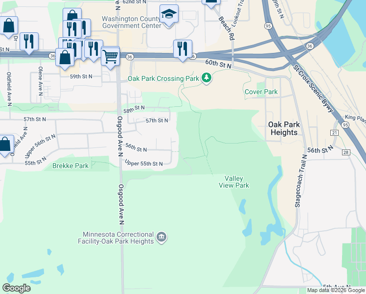 map of restaurants, bars, coffee shops, grocery stores, and more near 5421 Osgood Avenue North in Oak Park Heights