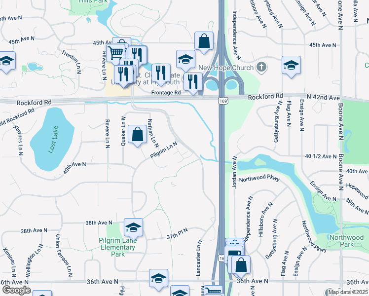 map of restaurants, bars, coffee shops, grocery stores, and more near 4035 Lancaster Lane North in Minneapolis