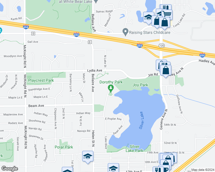 map of restaurants, bars, coffee shops, grocery stores, and more near 2933 Lake Boulevard in North Saint Paul